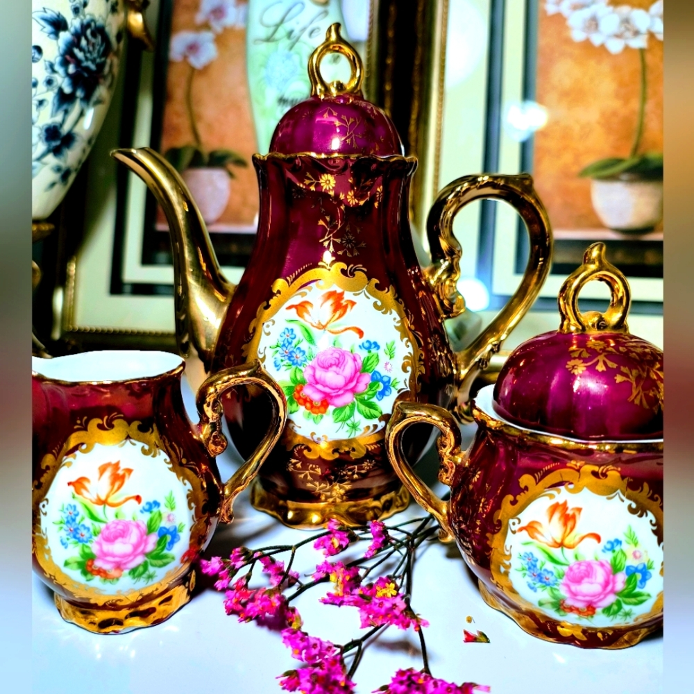 Vintage Floral Tea Set with Gold Accents